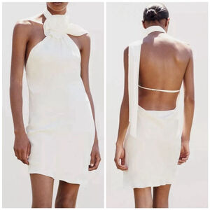 Zara Satin Effect Big Flower Low Cut Back White Mock Neck Mini Dress